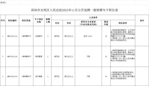 深圳市光明区人民法院2023年11月选聘一般特聘专干3名-选聘职位及条件要求