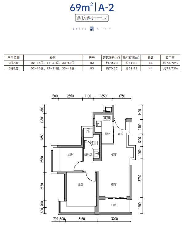 深圳润珑苑人才房两房+三房户型图