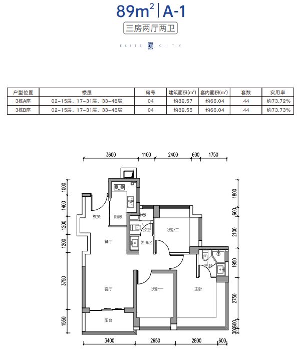 深圳润珑苑人才房两房+三房户型图